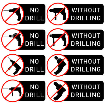 No drill and without drilling icon with power drill symbol. Crossed out and prohibition sign vector clipart. Design template for website elements, tag, sticker and other use.のイラスト素材