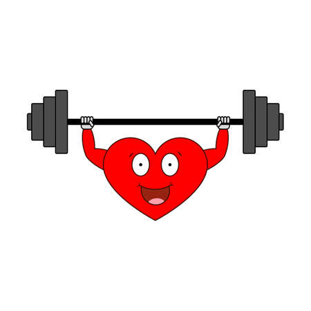 Strong heart with a barbell. Vector cartoon heart character doing weight training.のイラスト素材
