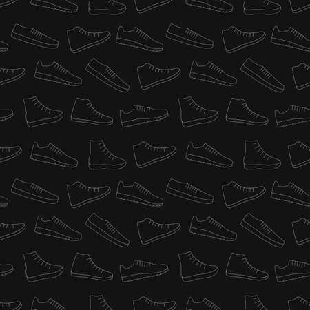 Sneakers shoes vector background seamless repeating pattern. Men and women sport footwear. Thin line style. Editable template.のイラスト素材