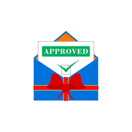Festive mail envelope with letter notification, approved stamp and check mark. Isolated vector illustration in flat style.のイラスト素材