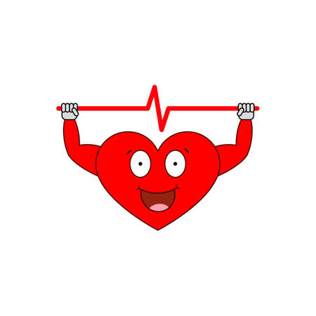 Strong heart with a heart beat line. Vector cartoon heart character with a heartbeat pulse.のイラスト素材