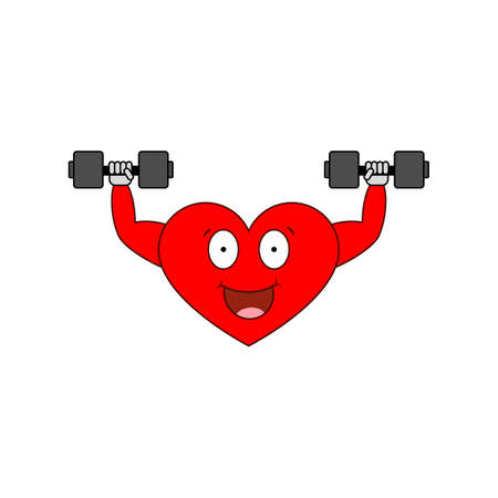 Strong heart with a dumbbell. Vector cartoon heart character doing weight training.のイラスト素材