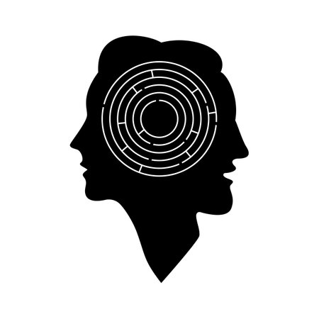 Silhouette of man and woman together with maze inside. Psychology and relationship theme. vector template. Isolated clipart and illustration on white background.のイラスト素材