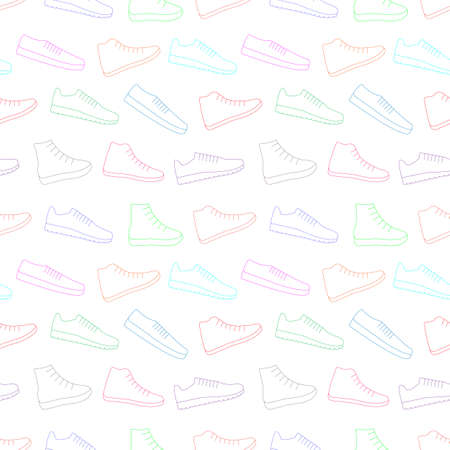 Colored bright sneakers shoes vector background seamless repeating pattern. Men's and women's sports shoes. thin line style. Editable template.のイラスト素材