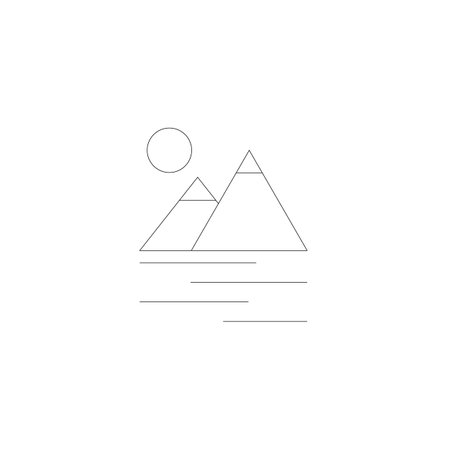 Panoramic view of the sun on the horizon with mountains and pyramids. Sunset and sunrise. line vector icon.のイラスト素材