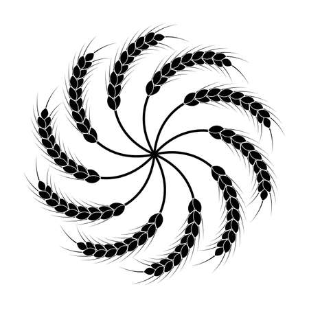 Round wheat wreath and ornament. Black and white silhouette. Design template for packaging, labels, prints and other ideas. Vector illustration and drawing.のイラスト素材