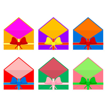 Opened gift envelope with ribbon and bow. Set of colored bright vector illustrations.のイラスト素材