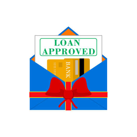 Loan approved. vector illustration. Festive mail envelope with plastic gold bank credit card and...