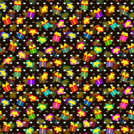 Giftboxes and hearts with ribbon bow. Vector festive black background seamless repeating pattern. Editable template.のイラスト素材