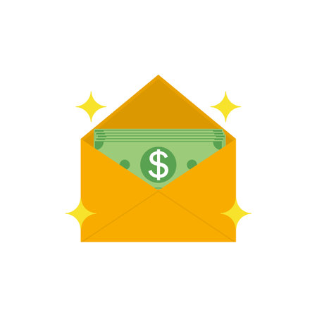 Opened gold envelope with money and shining stars. paper dollar bills. vector illustration.のイラスト素材