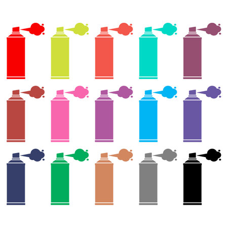 A set of color spray paint cans. Multicolored icons of aerosol cylinders. Isolated vector illustrations on white background.のイラスト素材