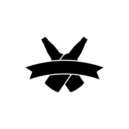 Beer bottle design. Two crossed beer bottles and ribbon banner. black and white silhouette. Isolated vector illustration on white background.のイラスト素材