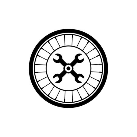 Bike repair design with bicycle wheel and crossed wrenches. Isolated vector illustration on white background.のイラスト素材