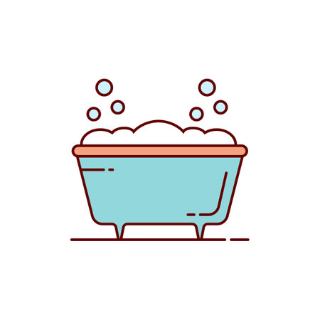 Bath tub with foam and bubbles. Colored vector illustration on a white background. Outline and line style.のイラスト素材