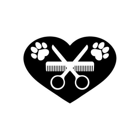 Dog grooming logo design template. Dog pawprint with comb and scissors. Vector clipart and drawing. Isolated illustration on white background.のイラスト素材