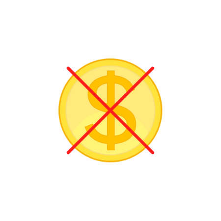 No cost icon, no expense, free of charge. Crossed out red lines on dollar coin. Isolated vector illustration on white background.のイラスト素材