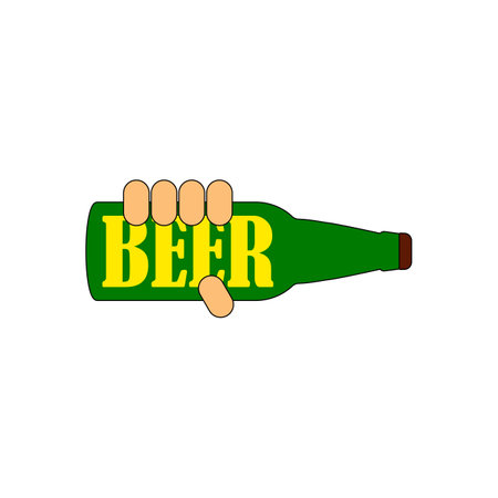 Hand holds a bottle of beer. Inscription beer. Colored isolated vector illustration. Drawing on white background.のイラスト素材