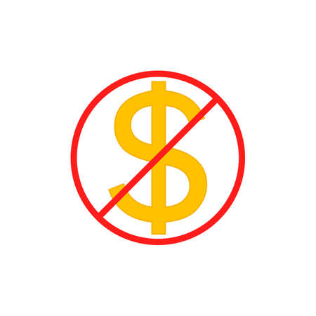 No cost icon, no expense, free of charge. Crossed out and red prohibition sign on dollar symbol....