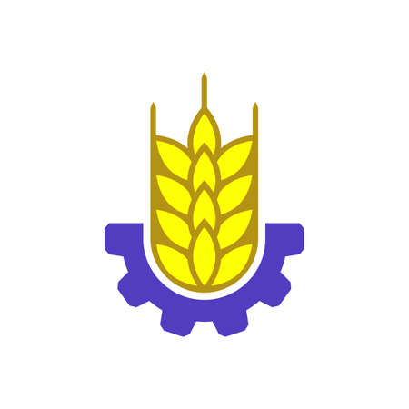 Gold wheat logo design with cogwheel. Vector illustration and emblem on white background. isolated drawing.のイラスト素材