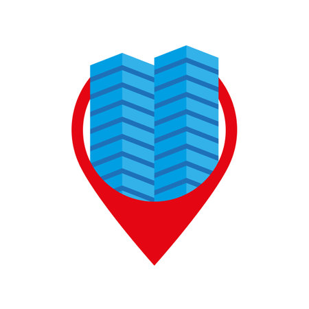 Skyscrapers, high buildings and location icon. Colored bright logo of a real estate agency, a construction company, an architectural bureau. Vector isolated illustration.のイラスト素材
