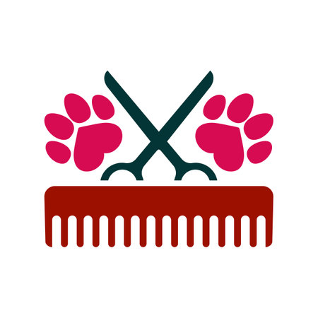 Dog grooming design template. Dog paw prints with comb and scissors. Vector clipart and drawing. Isolated illustration on white background.のイラスト素材
