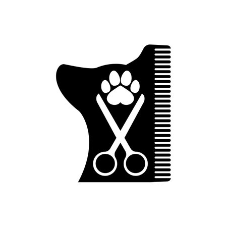Dog grooming logo design template. Dog pawprint with comb silhouette and scissors. Vector clipart and drawing. Isolated illustration on white background.のイラスト素材