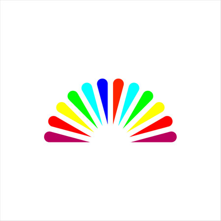 Peacock tail vector logo design. Open fanning tail and colorful bright feathers colors.のイラスト素材