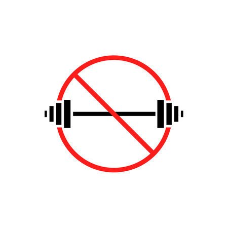 Barbell and prohibition sign. Ban on lifting weights and exercising. Isolated vector illustration on white background.のイラスト素材