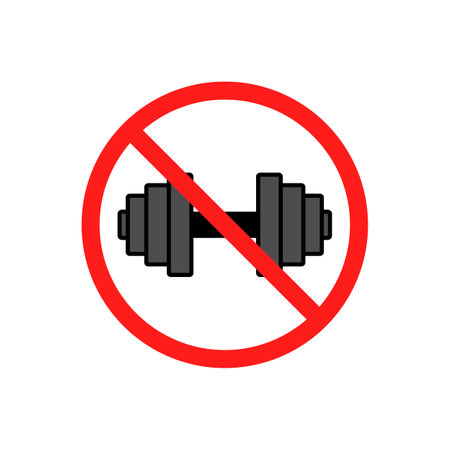 Dumbbell and prohibition sign. Ban on lifting weights and exercising. Isolated vector illustration on white background.のイラスト素材