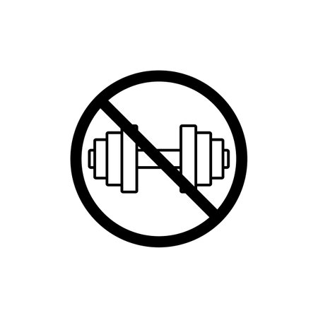 Dumbbell and prohibition sign. Ban on lifting weights and exercising. Isolated vector illustration on white background.のイラスト素材