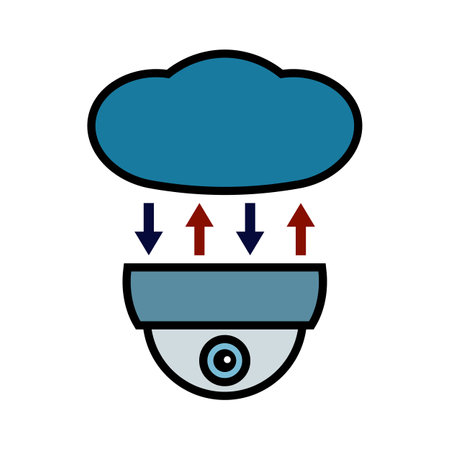 cloud camera icon. Upload, download and data storage. CCTV, security ceiling video doom camera, surveillance. vector illustration.のイラスト素材