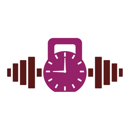 Kettlebell with clock and barbell. Gym opening hours. Gym logo. Isolated vector illustration on white background.のイラスト素材