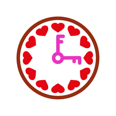 Round mechanical clock with pink lock keys in place of arrows and red hearts in place of the clock face. Vector abstract illustration.のイラスト素材
