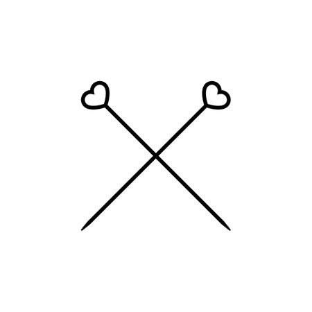 Crossed knitting needles with hearts. Simple minimal icon and logo design. Vector illustration on white background.のイラスト素材
