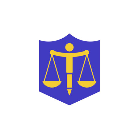 Scales of justice with an abstract silhouette of a man and a pen on shield background.のイラスト素材