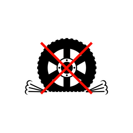 Crossed out car wheel with flat tire. Punctured car wheel with air. Vector illustration on white background.のイラスト素材