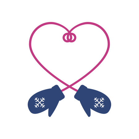 Two winter mittens connected with a thread in the shape of a heart. Color vector.のイラスト素材