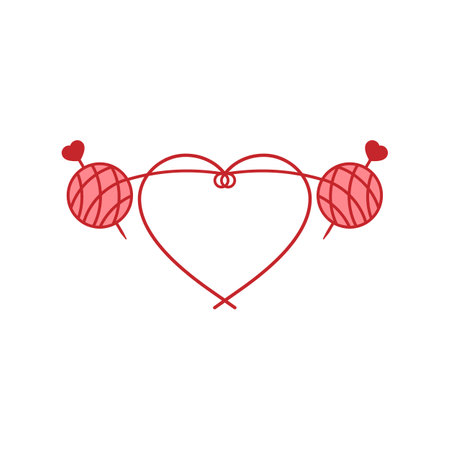 Balls of yarn with knitting needles and a long tangled thread in the shape of a heart and a loop.のイラスト素材