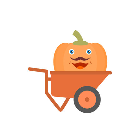 Cartoon big pumpkin inside a garden wheelbarrow. Color vector.のイラスト素材