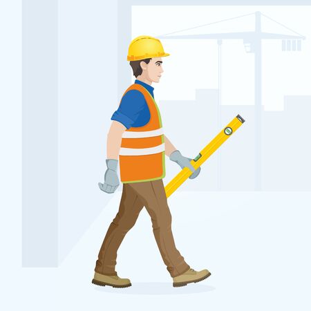 A man is a construction worker in overalls in the workplace with a tool in his hands. Vector illustration.のイラスト素材