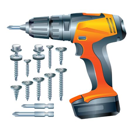 stock vector electric screwdriver and a set of screwsのイラスト素材