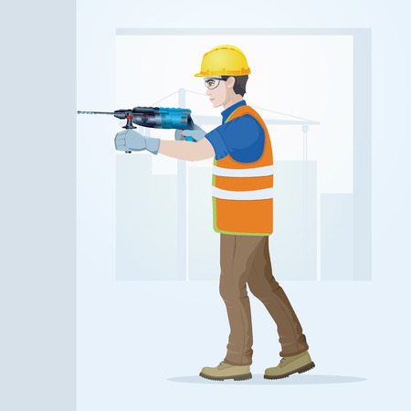 The builder in overalls with the tool in hands. Vector illustration.のイラスト素材