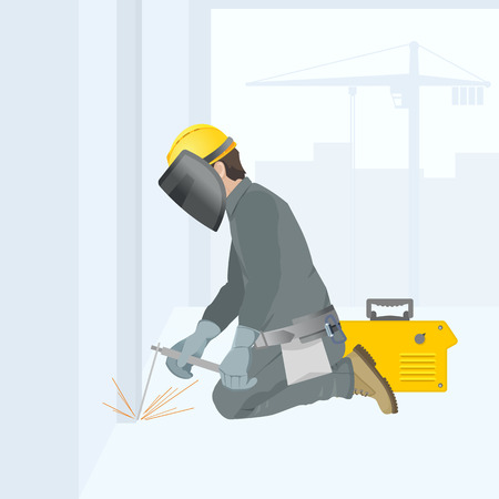 Welder at work. Figure in overalls. Construction site. Vector illustration.のイラスト素材