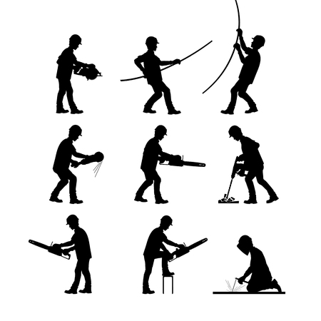 A construction worker at work. Silhouettes in different poses with and without tools. Vector illustration.のイラスト素材