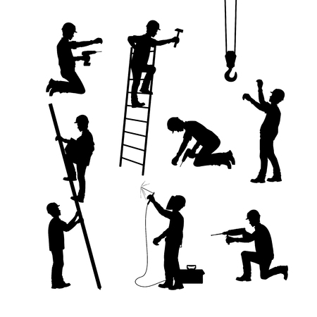 A construction worker at work. Silhouettes in different poses with and without tools. Vector illustration.のイラスト素材