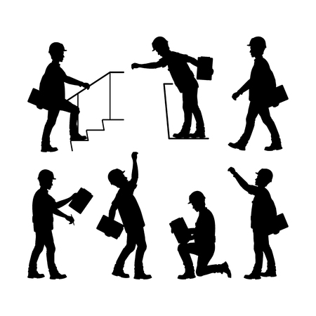 Silhouettes of construction workers. Foreman, construction manager. Vector illustration on white backgroundのイラスト素材