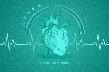 Medical research of human health. Vector drawing of an anatomically true human heart on a futuristic background.のイラスト素材