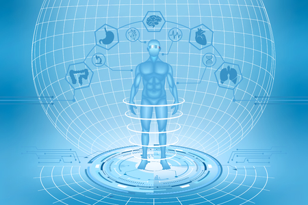 Medical research. Future technologies. A male figure on a futuristic background. Vector illustration.のイラスト素材