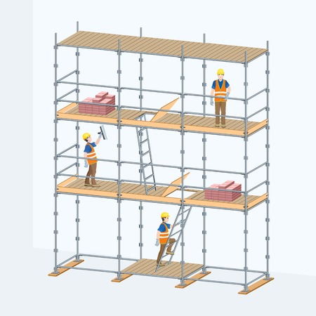 Multi-level scaffolding with workers on them. Vector illustration.のイラスト素材