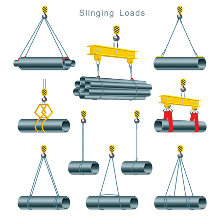 Proper use of slinging during the operation of a tower crane at the construction site. Slinging Loads. Set of vector illustrations on white backgroundのイラスト素材